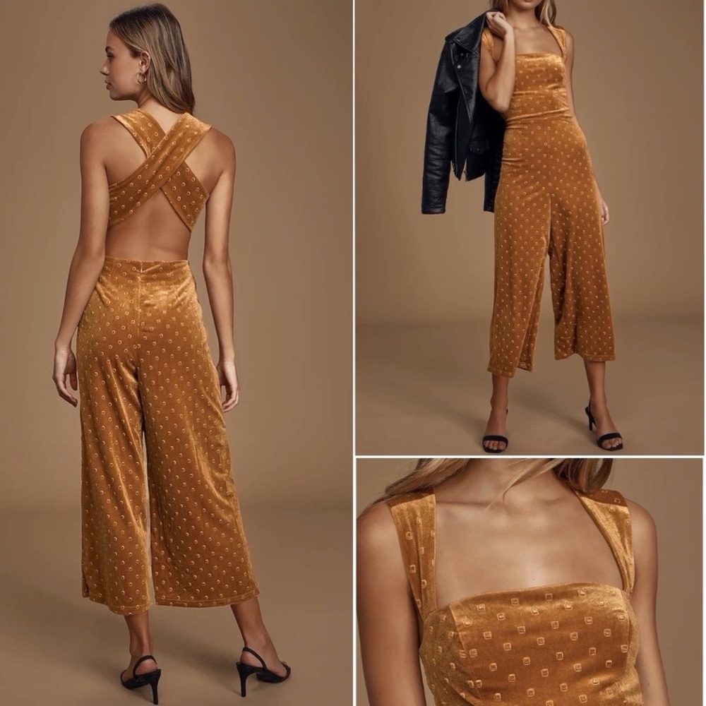 Lulu's Dreamy Delight Rust Bronze Orange Velvet Square Neck Cropped Jumpsuit